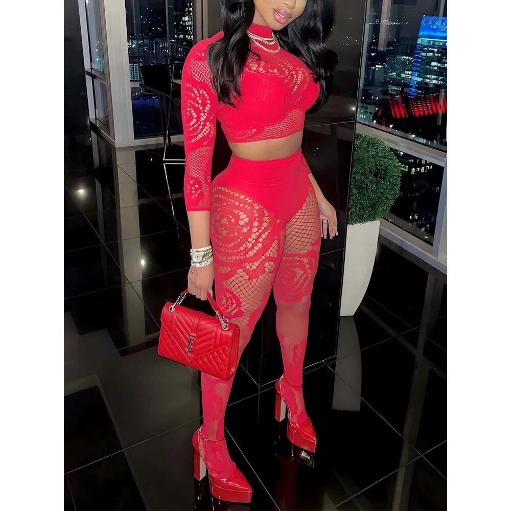 9514 Sexy Fishnet Seamless 2 Piece Outfits Mock Neck Long Sleeve Crop Top - Picture 2 of 6